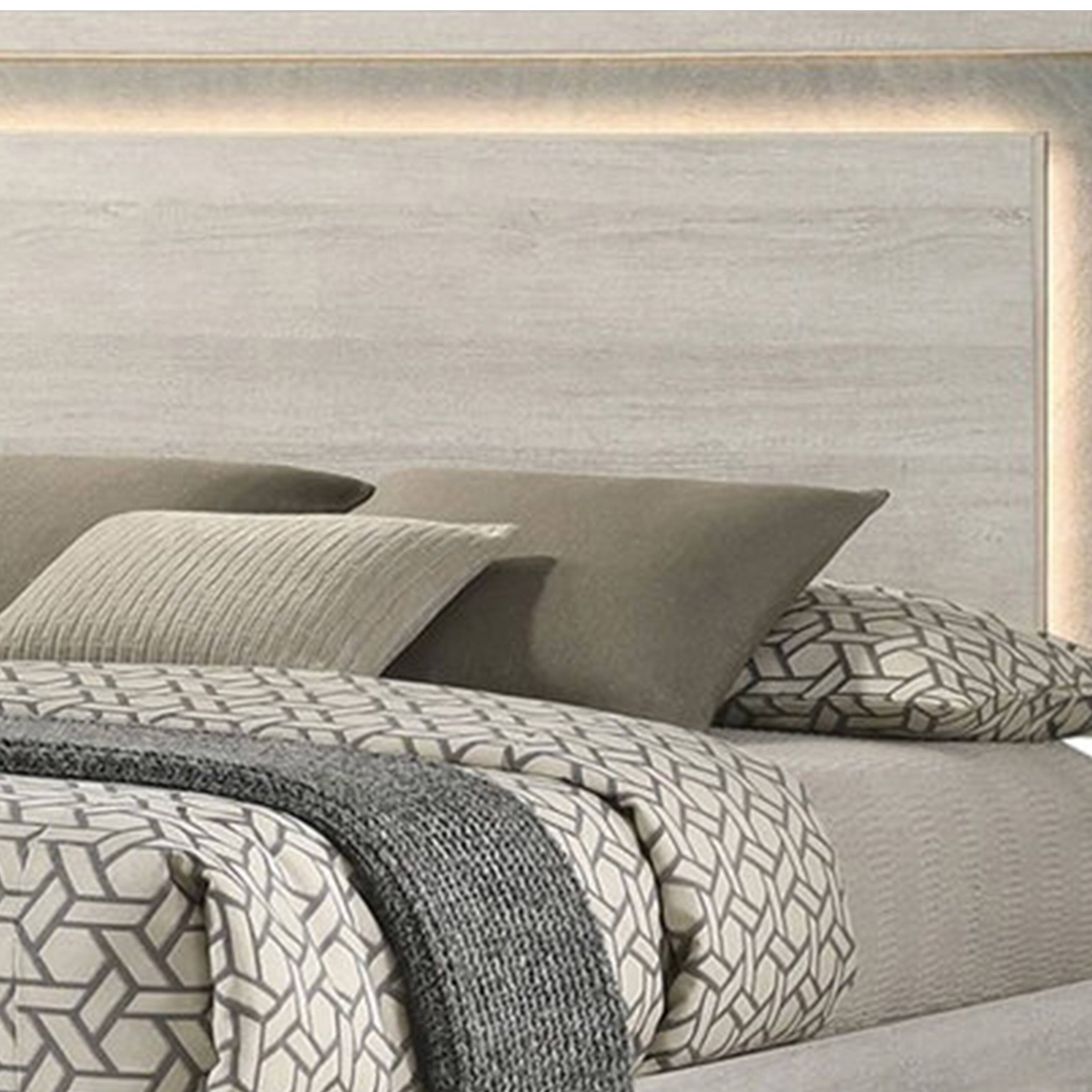Alt View 1. Manhattan Lane - Nomi Queen Size Bed w LED on Headboard, Antique White Wash Finsih - White Wash, Stone Gray.
