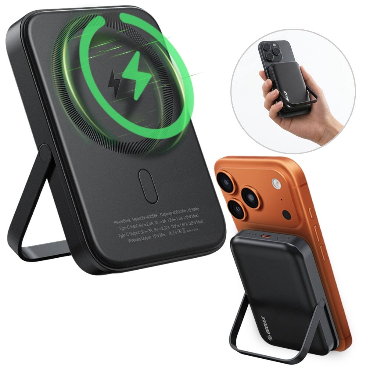 PowerBank Model: EX-4005BK  
Capacity: 5000mAh (18.58h)  
Capacity: 58Wh  
Model: EX-4005BK  
12V 12Vm1.5A  
5A PowerBank  
2AA 9V  
Type-C 15W Max  
Input: 5V 12V 12Vm1.67A  
Type-C 15W Max  
Wireless Output: 15W Max  
Output: 5V 2.22A  
Type-C 15W Max  
Wireless Output: 15W Max