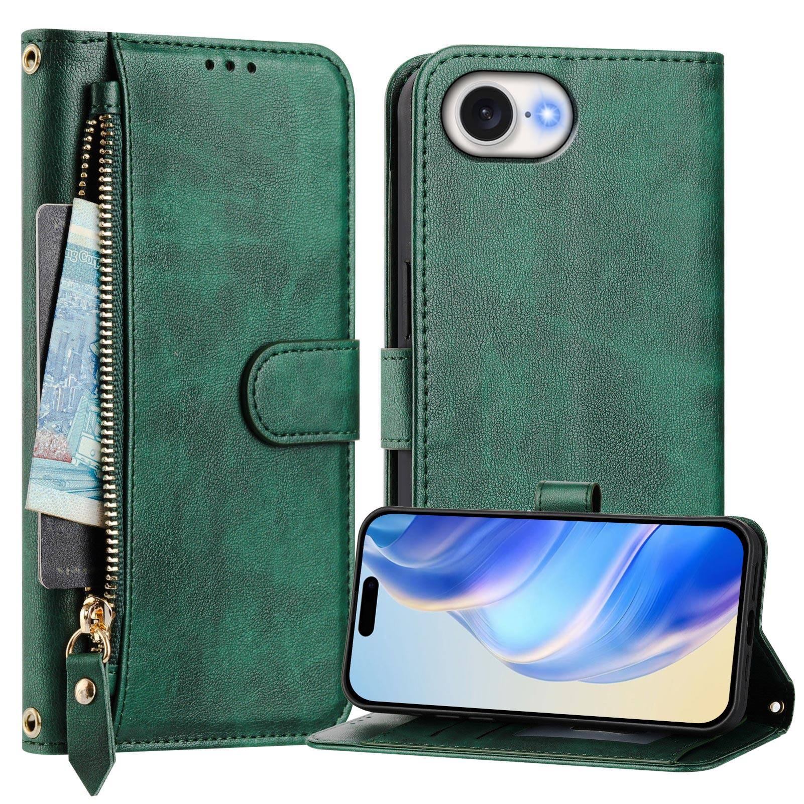 Angle. UUCOVER - Zipper Wallet Case for iPhone 17e / iPhone 16e Magnetic PU Leather Card Slots Stand Cover with Shoulder / Wrist Strap - Darkgreen.