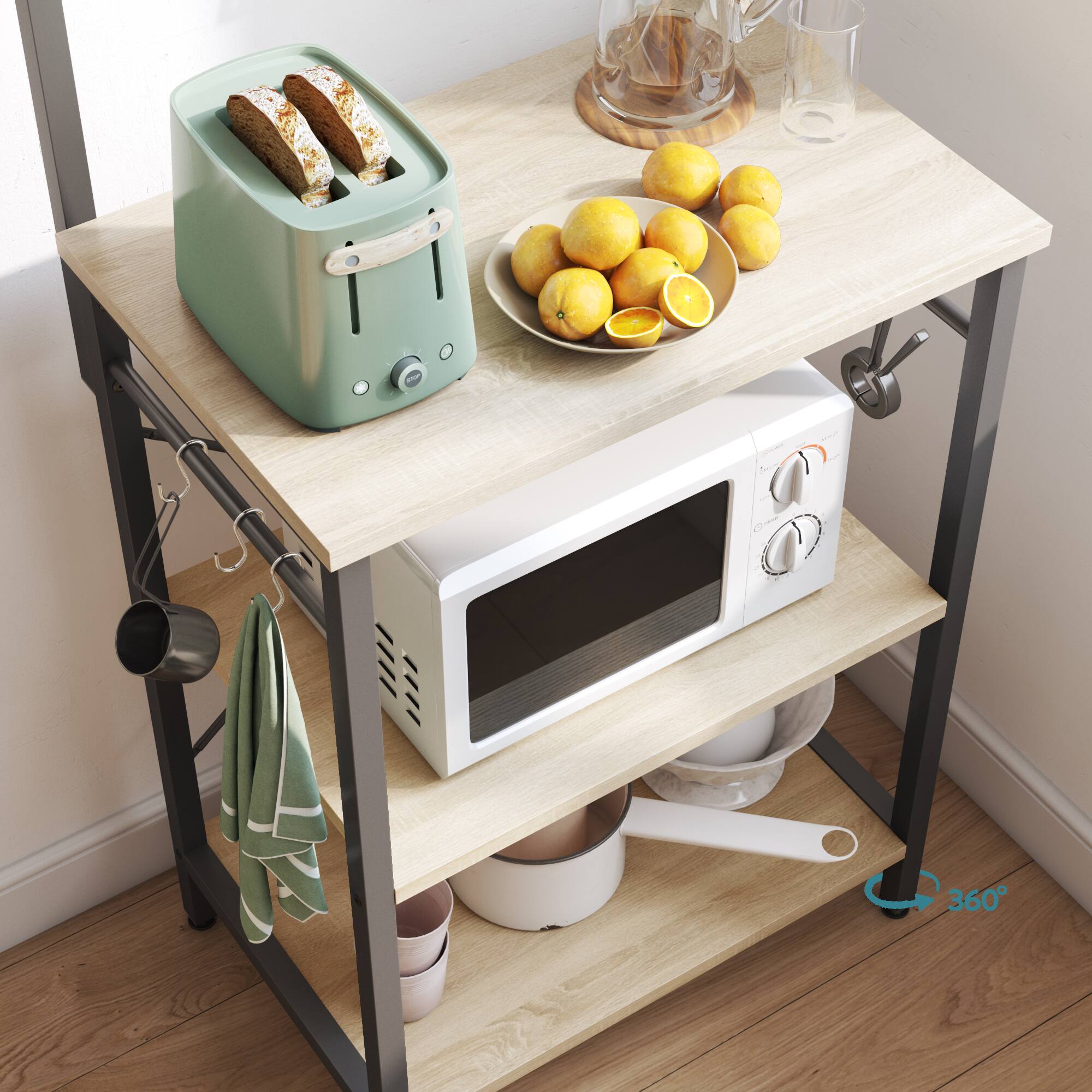 Left. Bestier - Kitchen Baker's Rack with Hutch and 8 Side Hooks - Oak.