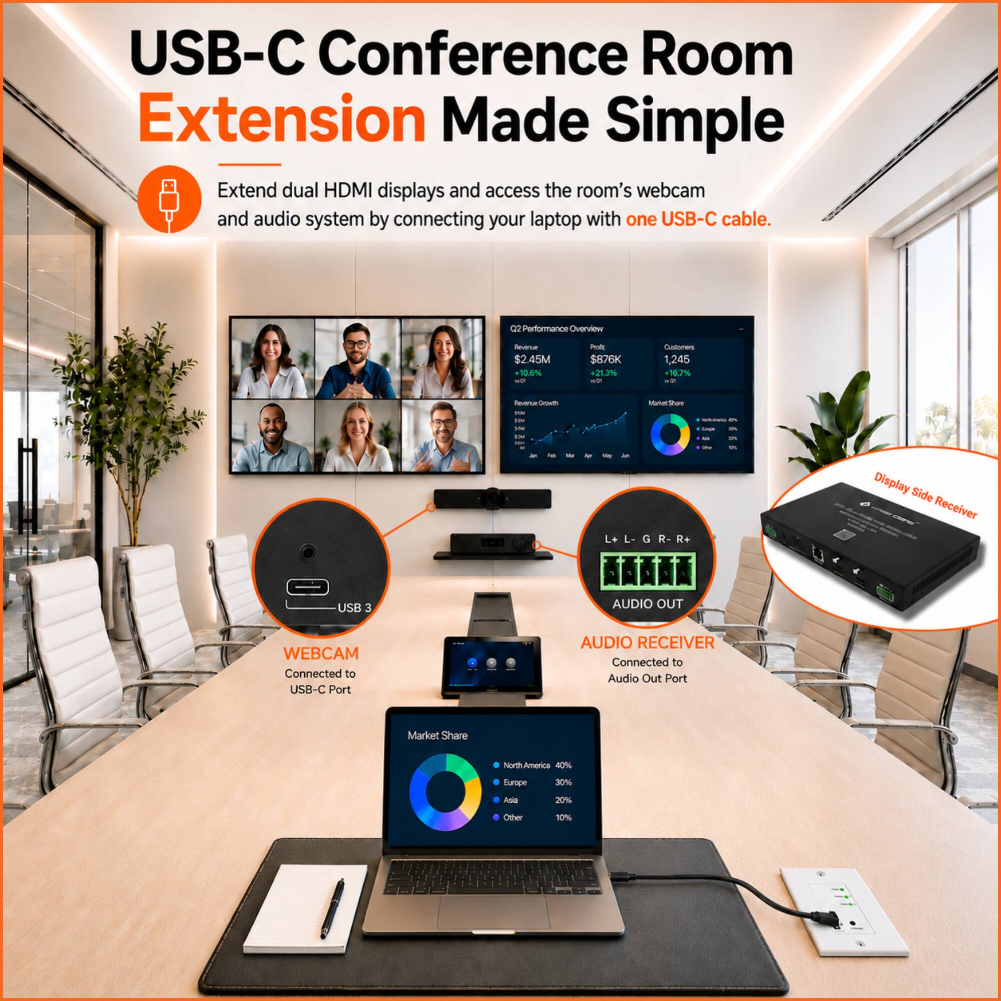 USB-C Conference Room Extension Made Simple

Extend dual HDMI displays and access the room's webcam and audio system by connecting your laptop with one USB-C cable.

Q2 Performance Overview
- $2.45M
- $876K
- Revenue Growth: +21.3%
- Customers: 1,245
- Market Share: 7%

Display Side Receiver
- USB 3
- WEBCAM Connected to USB-C Port
- AUDIO RECEIVER Connected to Audio Out Port

Market Share
- North America: 40%
- Europe: 30%
- Asia: 20%
- Other: 10%