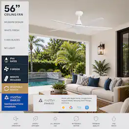 ENLIGHT - 56" Smart Ceiling Fan, IP66 Outdoor/Coastal, Weather Resist, Efficient + Quiet DC Motor, Reverse Mode, Matter, 5 Blades - White
