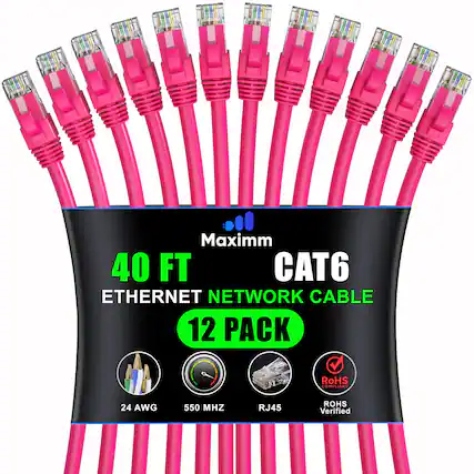 Maximm 40 FT CAT6 ETHERNET NETWORK CABLE 12 PACK
RoHS COMPLIANT
24 AWG
550 MHZ
RJ45
ROHS Verified