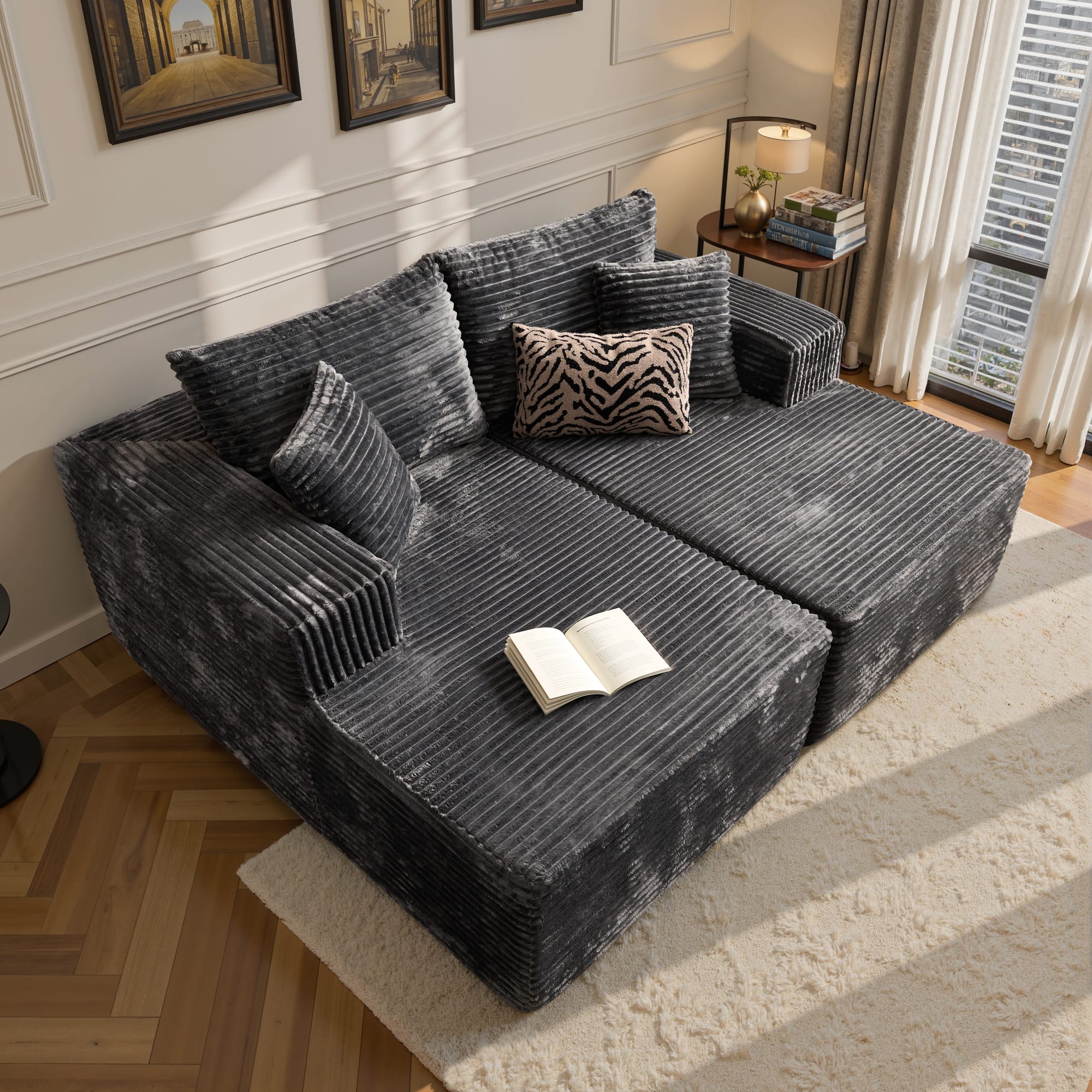 Ovios - 75" Double Chaise Lounge, Extra Large Sofa Bed, Plush Corduroy Sleeper Bed - Gray