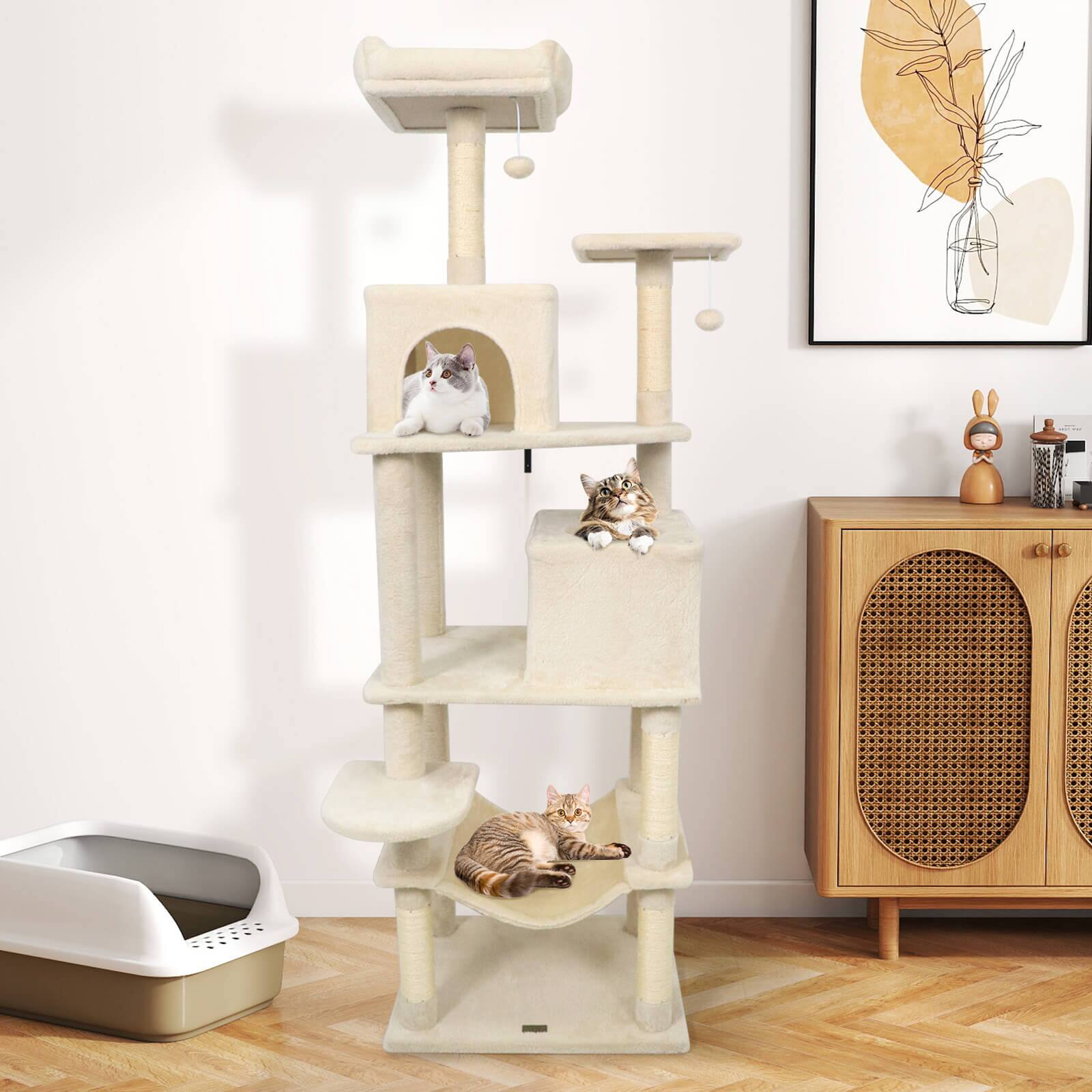 Alt View 3. Costway - Costway 70" Cat Tree for Indoor Cats with Padded Top Perch, Dual Condos, Hammock, Platforms - Beige.