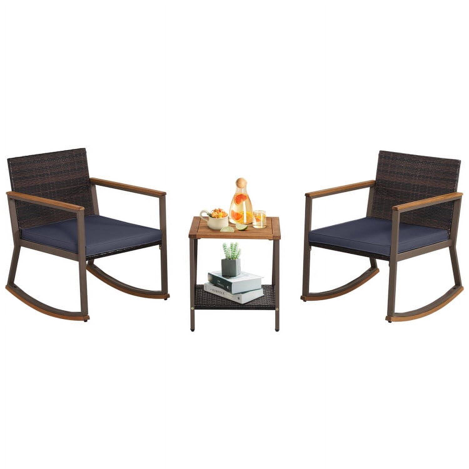 Angle. Kadyn - 3 Pieces Rattan Rocking Bistro Set, Outdoor Furniture Garden Conversation Sets with Coffee Table and Cushions-Off White - Blue.