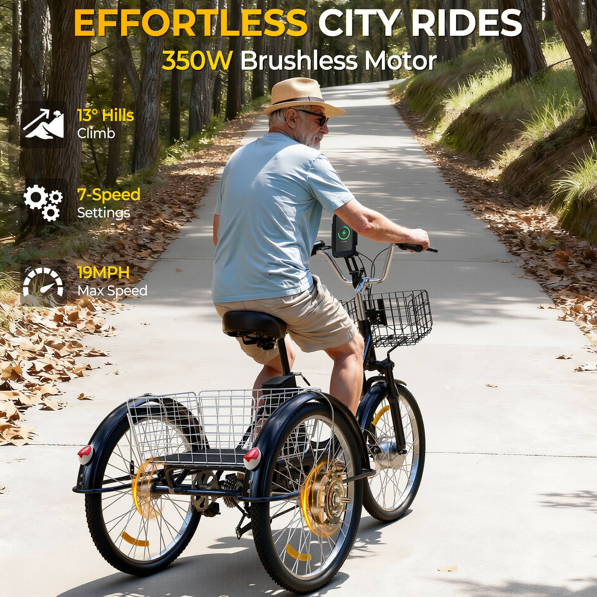 EFFORTLESS CITY RIDES  
350W Brushless Motor  
13° Hills Climb  
7-Speed Settings  
19MPH Max Speed