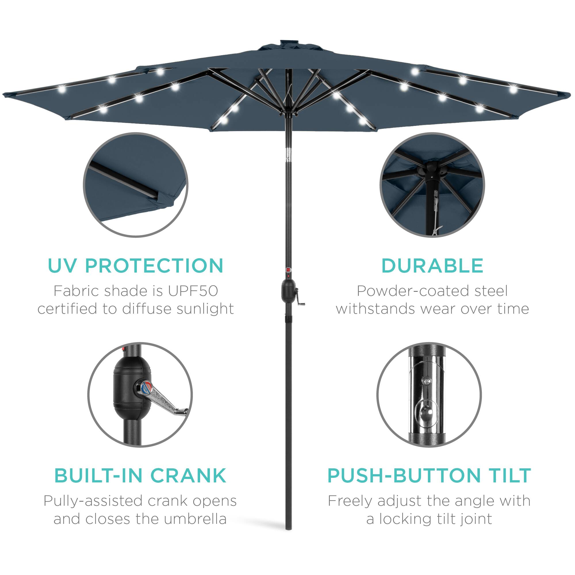 UV Protection: Fabric shade is UPF50 certified to diffuse sunlight.  
Durable: Powder-coated steel withstands wear over time.  
Built-in Crank: Pulley-assisted crank opens and closes the umbrella.  
Push-button Tilt: Freely adjust the angle with a locking tilt joint.