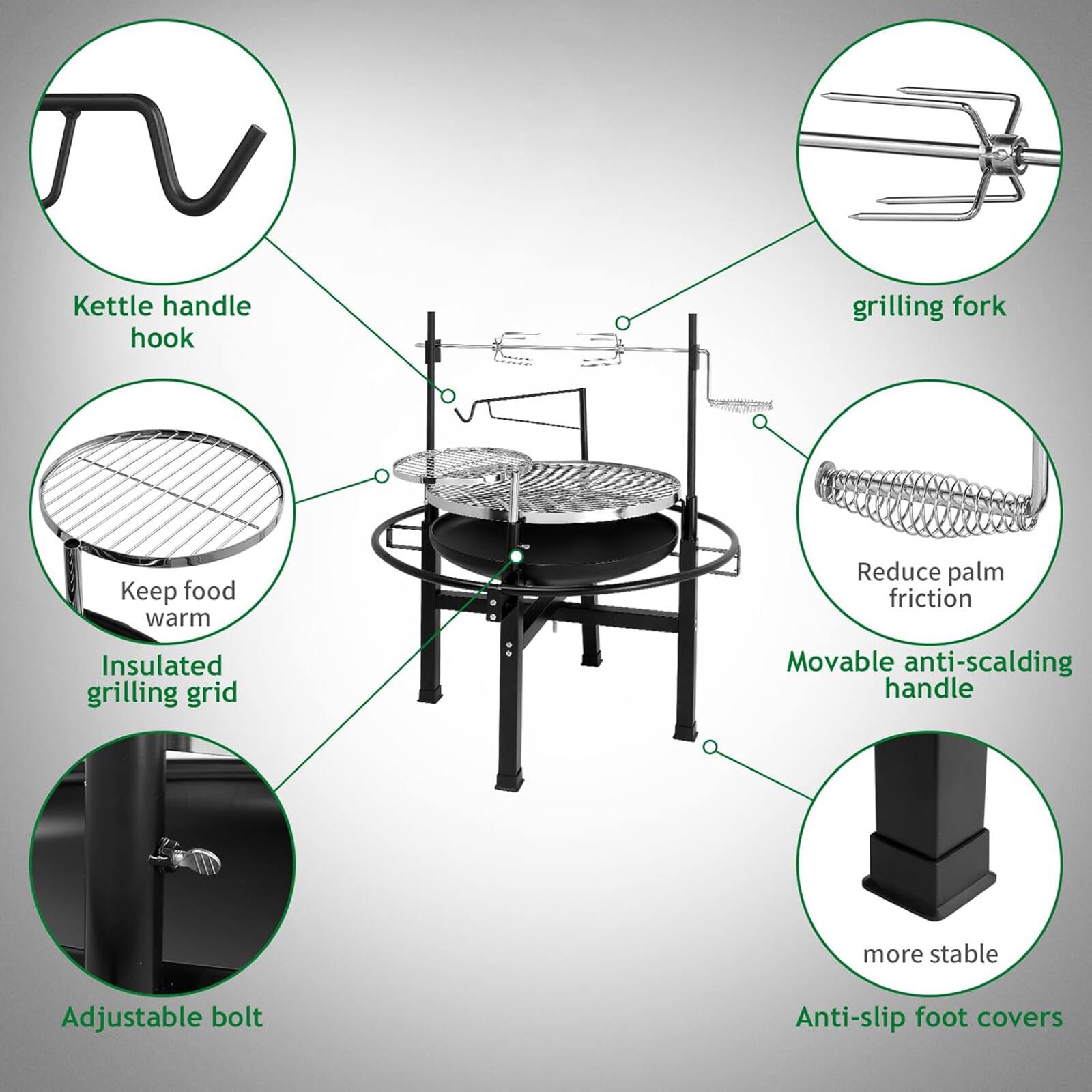 - TV Kettle handle hook
- Grilling fork
- Keep food warm
- Reduce palm friction
- Insulated grilling grid
- Movable anti-scalding handle
- Adjustable bolt
- Anti-slip foot covers
- More stable