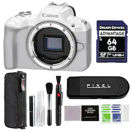 Bundle - Canon - EOS R50 Mirrorless Vlogging Camera (Body Only / with 64GB SD Card + Card Reader + More - White