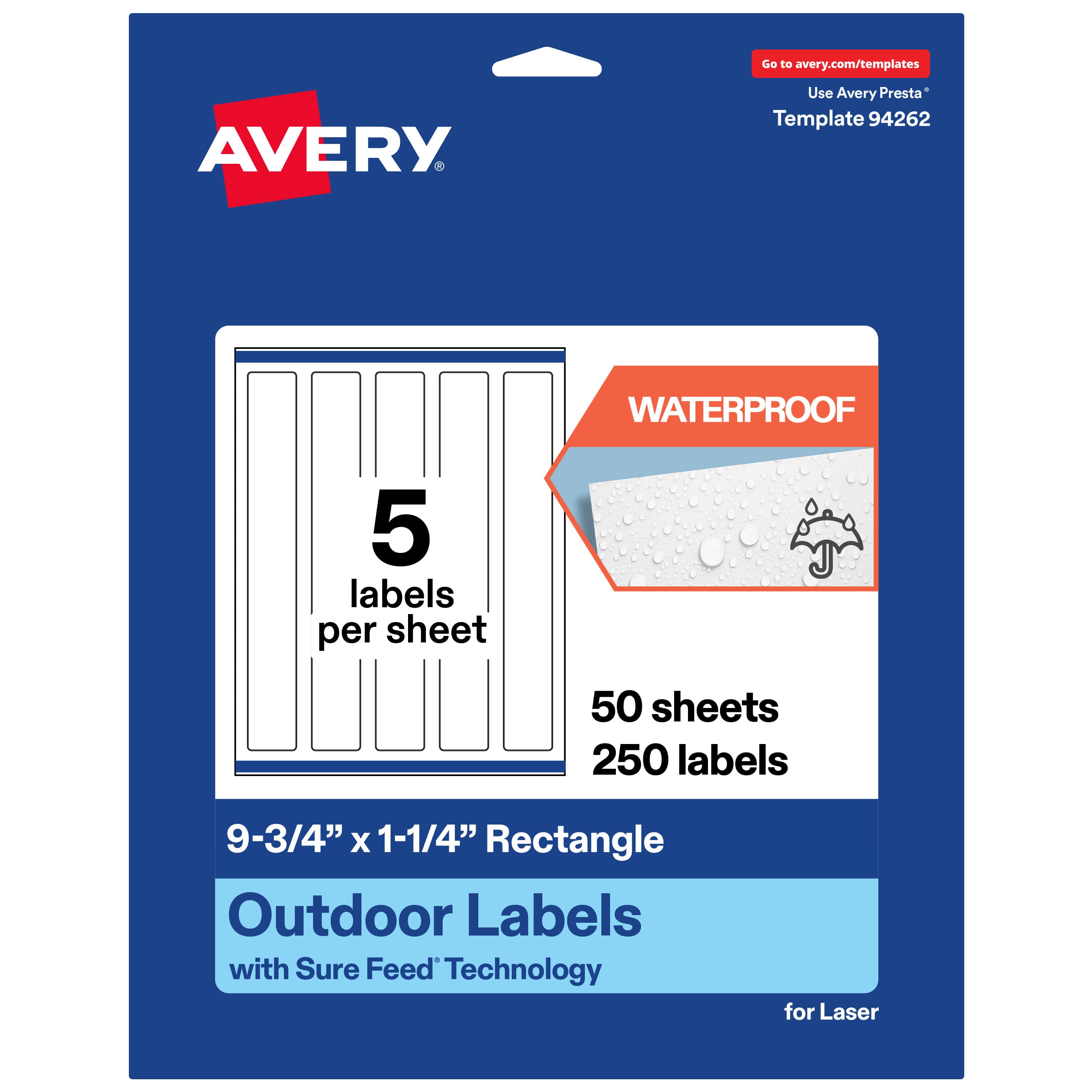Avery - Waterproof Rectangle Labels, 9.75" x 1.25", 250 Total - White