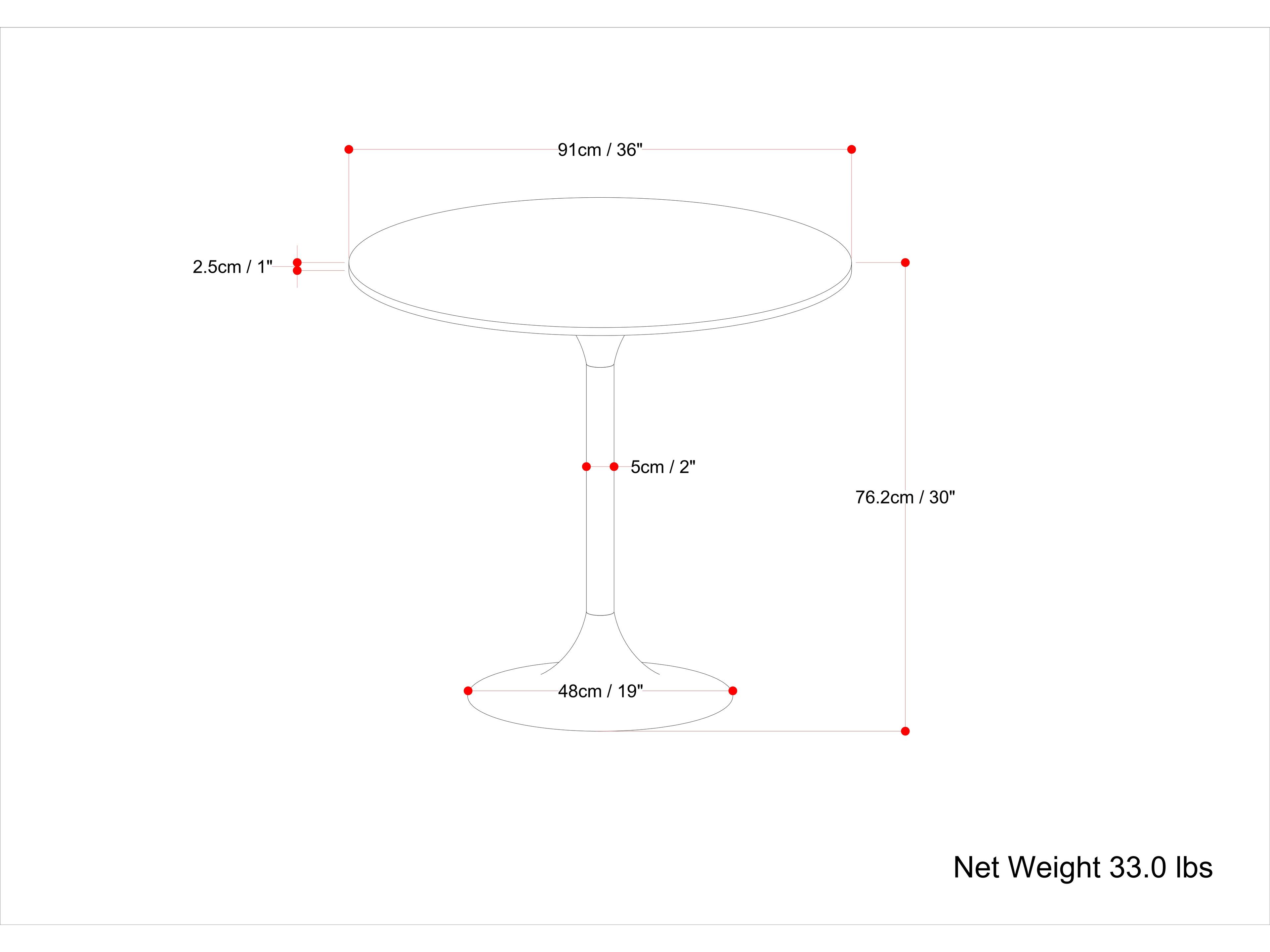 The image shows a table with a net weight of 33.0 lbs. The table is 91 cm in diameter, which is equivalent to 36 inches. The table is also 76.2 cm in height, which is 30 inches. The table is made of glass, and it has a stem that is 2.5 cm in diameter, which is 1 inch. The stem is also 1 cm in height, which is 0.5 inches.