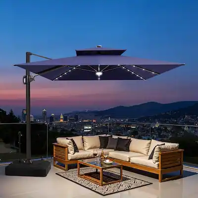 11 ft offset led patio umbrella Outdoor with Base Aluminium Curved Cantilever Umbrella the LED Lighted Cantilever Patio Outdoor Umbrella combines light Aoxun 11 FT Offset Cantilever