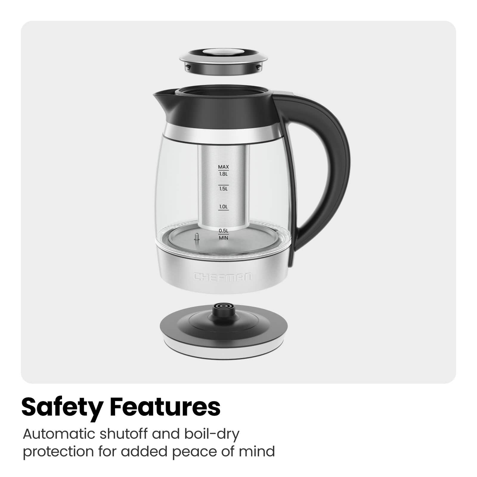 The text on the image reads: "Safety Features: Automatic shutoff and boil-dry protection for added peace of mind."