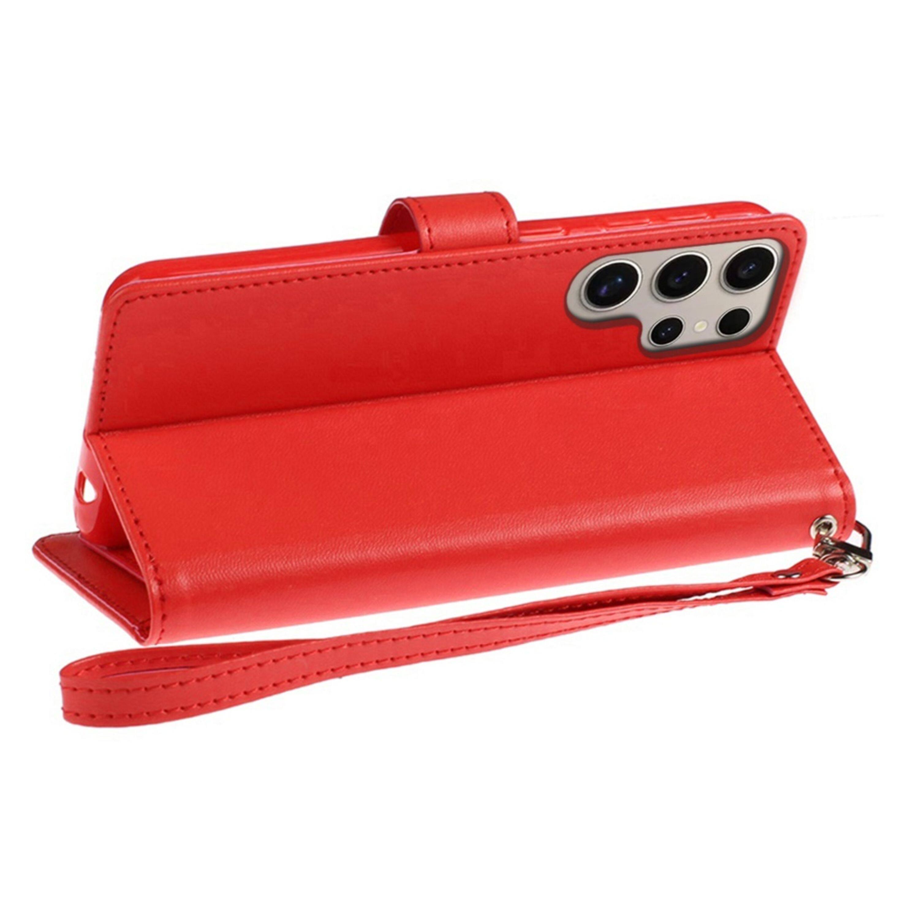 Left. Kitcheniva - Vegan Leather Phone Case With Card Holder & Tempered Glass For Samsung Galaxy S25 Ultra Red - Red.