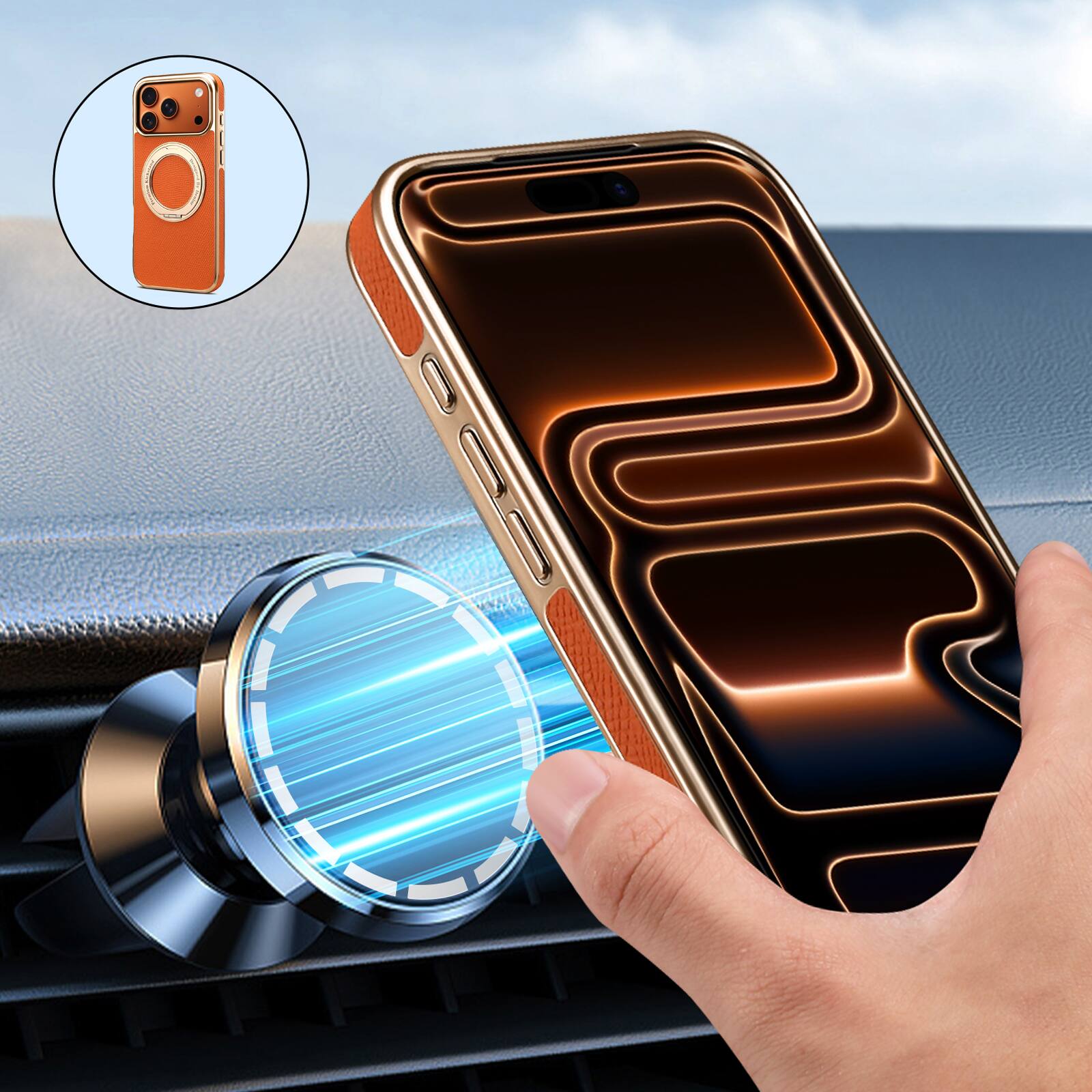 Left. Dteck - for Apple iPhone 17 Pro Magnetic Case,Slim PU Leather Texture Cover with Metal Ring Holder,Shockproof Non-Slip Cover - Orange.