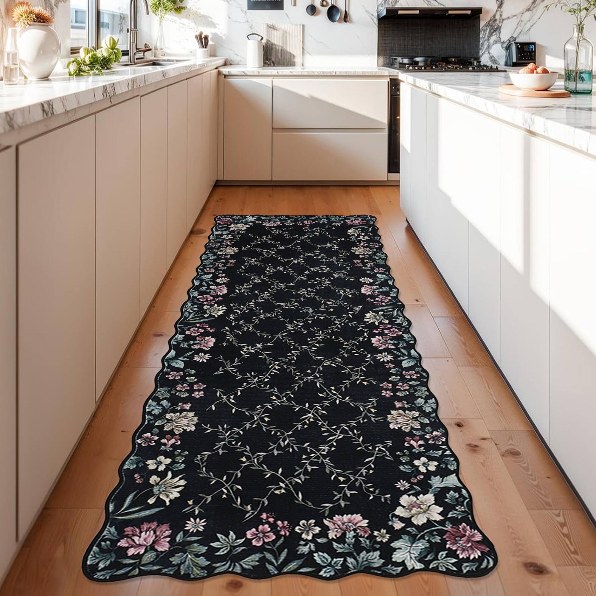 Left. Acekool - Floral Irregular Edge 2'X6' Carpet Indoor Non Slip Washable Boho Vintage Entry Rug Low Pile Throw Rugs for Entryway - Black.