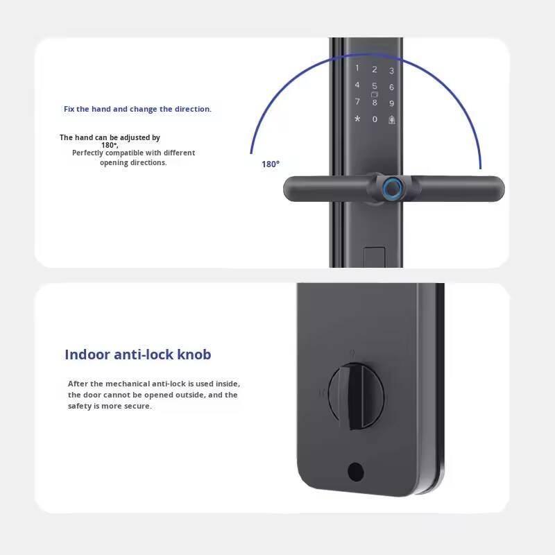 1. Fix the hand and change the direction.
2. The hand can be adjusted by 180°, perfectly compatible with different opening directions.
3. Indoor anti-lock knob
4. After the mechanical anti-lock is used inside, the door cannot be opened outside, and the safety is more secure.