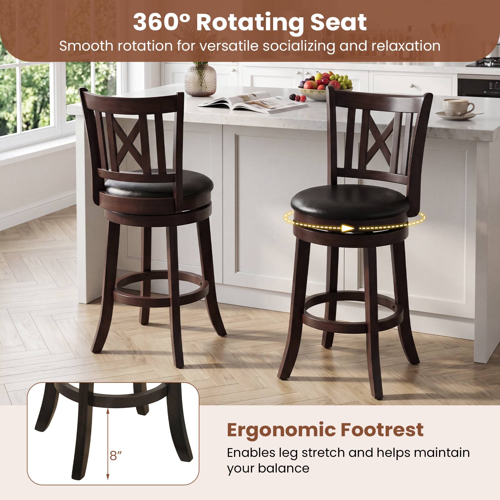360° Rotating Seat  
Smooth rotation for versatile socializing and relaxation  

Ergonomic Footrest  
Enables leg stretch and helps maintain your balance