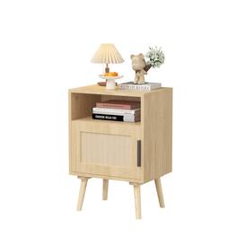 Ecooso - Rattan Nightstand with Door Open Shelf, Solid Wood Legs for Dorm and Small Spaces - Oak