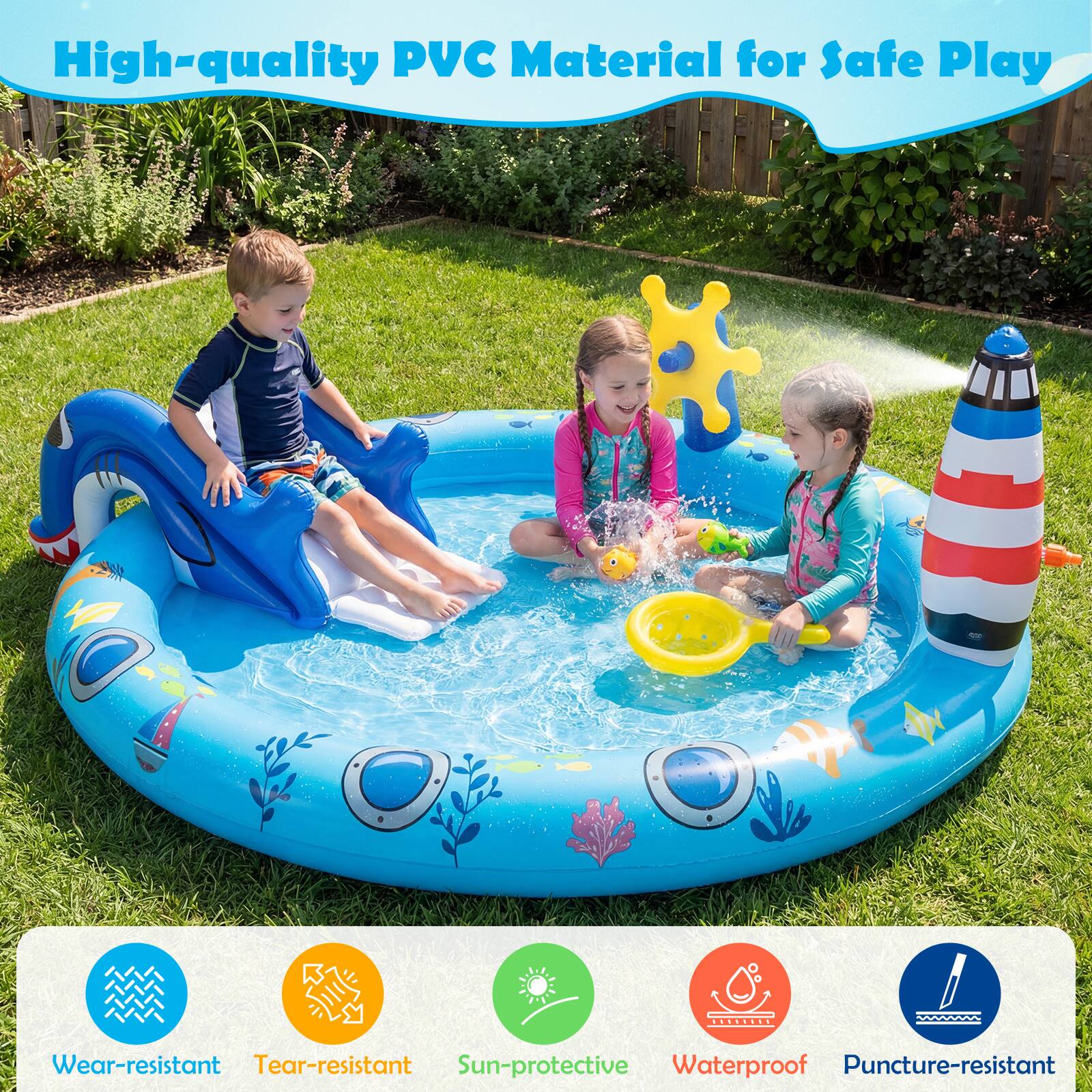 High-quality PVC Material for Safe Play

- Wear-resistant
- Tear-resistant
- Sun-protective
- Waterproof
- Puncture-resistant