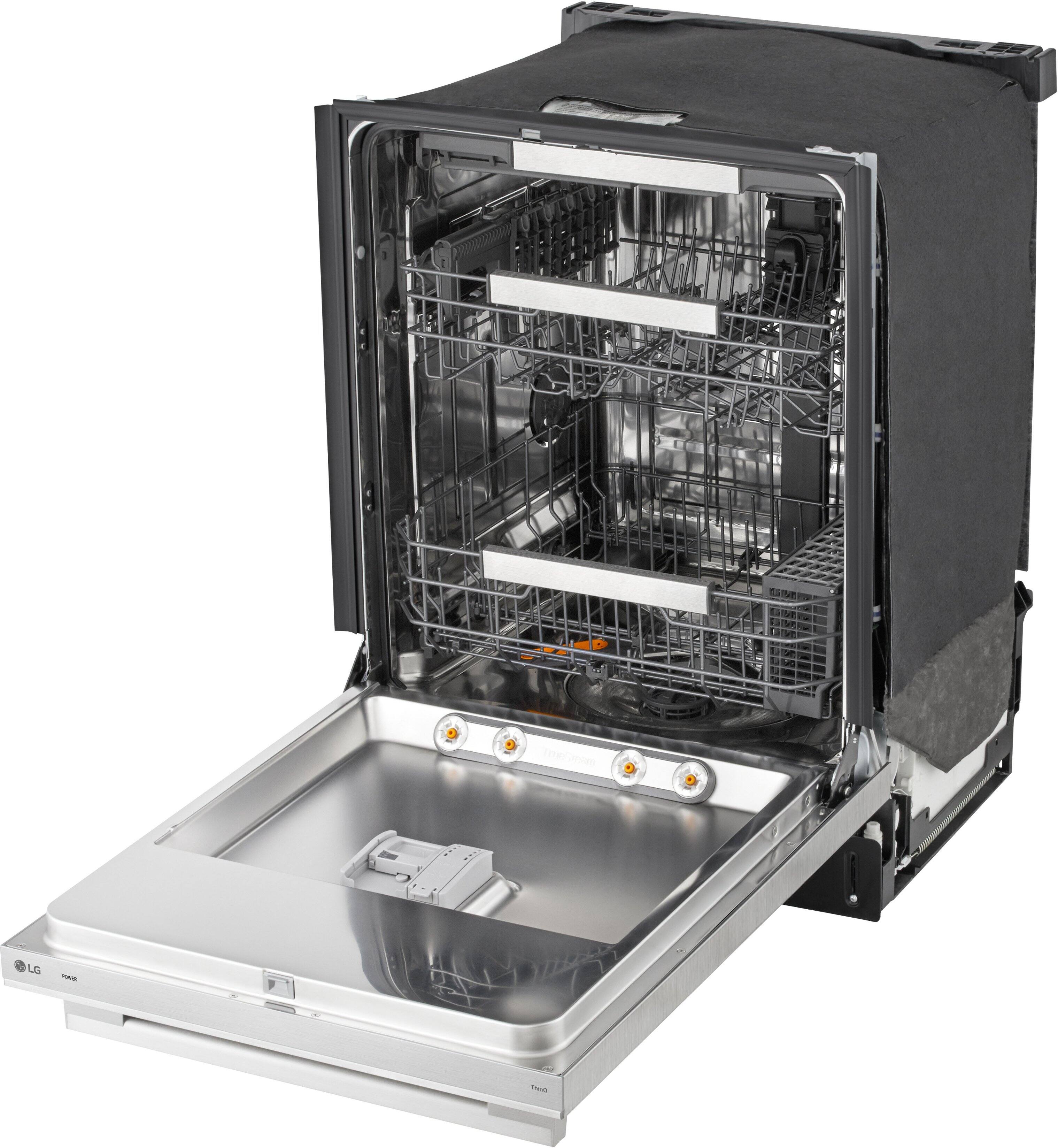 The image shows an LG commercial dishwasher with a stainless steel finish. The dishwasher is open, revealing its interior racks and compartments. It has a large door and a control panel with several knobs on the front.