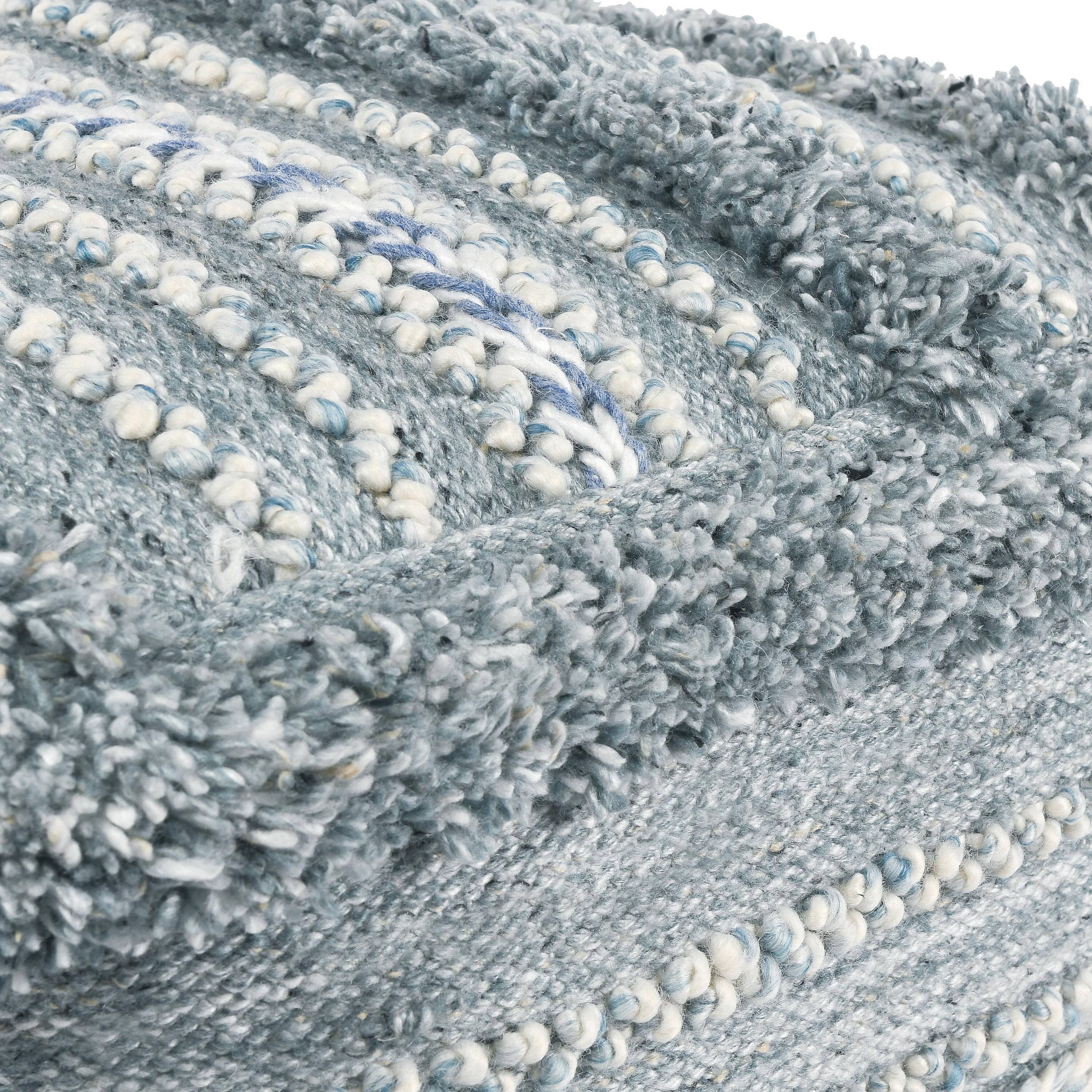 Left. Manhattan Lane - Square Ottoman Pouf, 18 Inch Blue Polyester, Boho Knitted Texture - Blue.