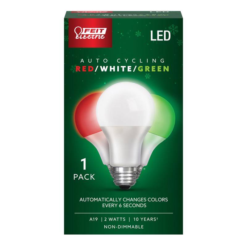 FEIT ELECTRIC - A19 E26 (Medium) Auto Cycling LED Bulb Green/Red/White 2 Watt Equivalence 1 pk