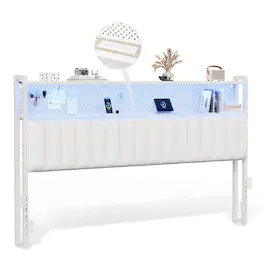 Winado - King Size Adjustable Upholstered Headboard Only with 2 Tier Shelves and Pegboard with Charging Stations and LED Lights - Linen & White