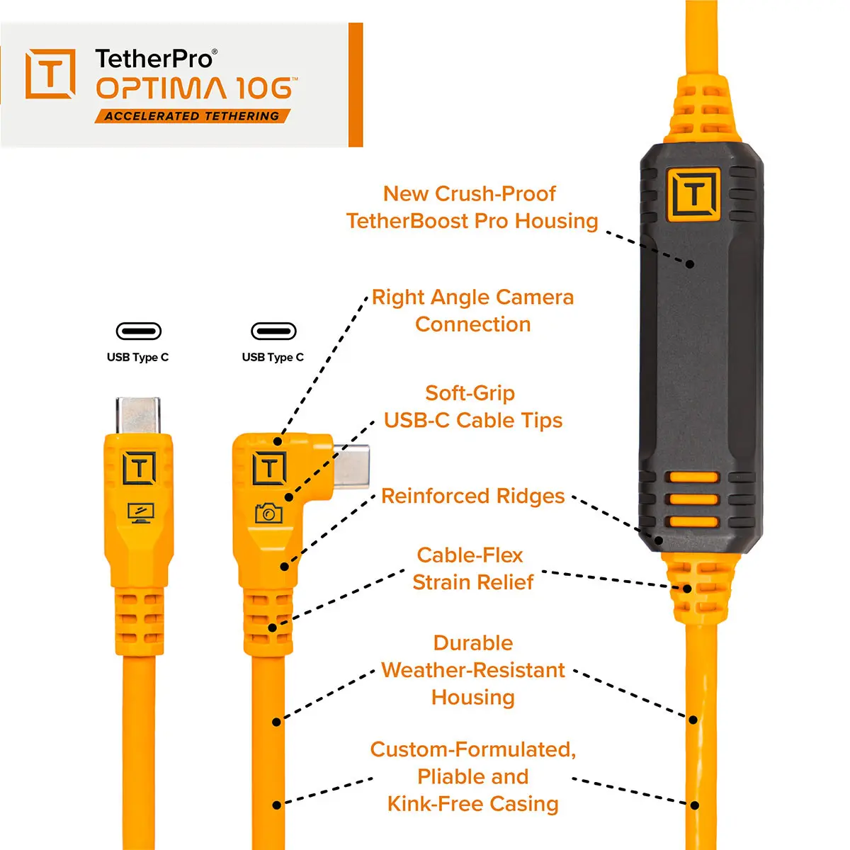 TetherPro OPTIMA 10G ACCELERATED TETHERING

New Crush-Proof TetherBoost Pro Housing

Right Angle Camera Connection

USB Type C

USB Type C

Soft-Grip USB-C Cable Tips

Reinforced Ridges

Cable-Flex Strain Relief

Durable Weather-Resistant Housing

Custom-Formulated, Pliable and Kink-Free Casing