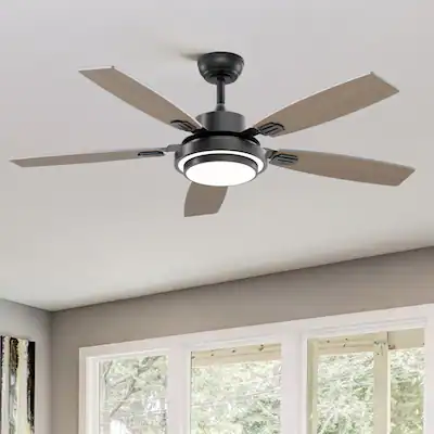 Front. Siljoy - 52 in Modern Black Ceiling Fan LED Light Remote Reversible 5 Gray and Oak Blades for Bedroom Living Room Patio - Black.