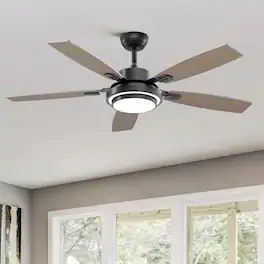 Siljoy - 52 in Modern Ceiling Fan LED Light Remote Reversible 5 Gray and Oak Blades for Bedroom Living Room Patio - Black