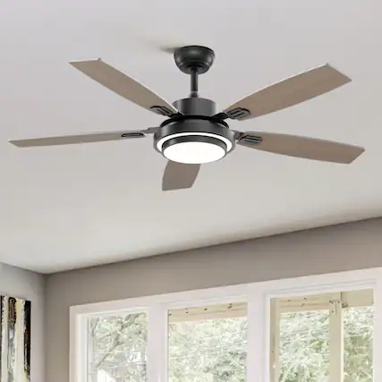 Front. Siljoy - 52 in Modern Black Ceiling Fan LED Light Remote Reversible 5 Gray and Oak Blades for Bedroom Living Room Patio - Black.