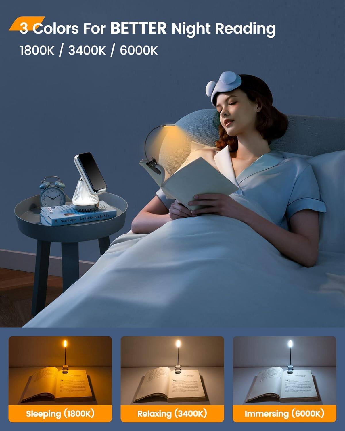 3 Colors For BETTER Night Reading  
1800K / 3400K / 6000K  

Sleeping (1800K)  
Relaxing (3400K)  
Immersing (6000K)