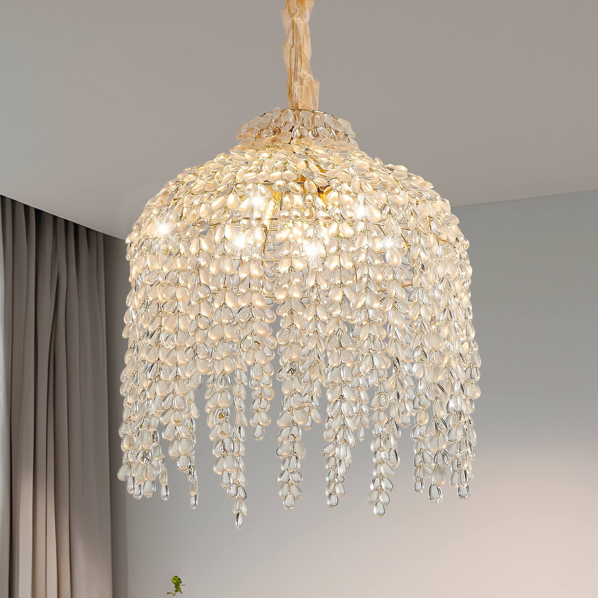Left. Tiramisubest - 16 Inch 5-Light Crystal Chandelier,Elegant Waterfall Design with Grape-Shaped Crystal Bead Strings,Gold Finish(No Bulbs) - Gold.