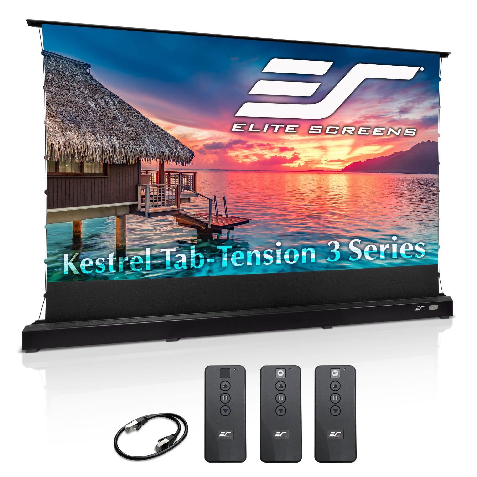Elite Screens - 183"Diag,16:9,Electric Floor-Rising Tab-Tension MatteWhite Front UST/Standard Throw Projector Screen, FTE183H3 - Black