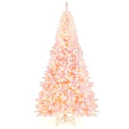 Costway - 7.5FT Pre-Lit Snow Flocked Christmas Tree 1100 Tips with 450 Lights & 8 Modes - Pink