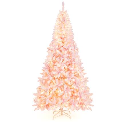 Front. Costway - 7.5FT Pre-Lit Snow Flocked Christmas Tree 1100 Tips with 450 Lights & 8 Modes - Pink.