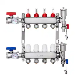 VEVOR - 4-Branch Radiant Heat Manifold, 1/2" PEX Tubing Manifold,Stainless Steel PEX Manifold for Hydronic Radiant Floor Heating - Silver