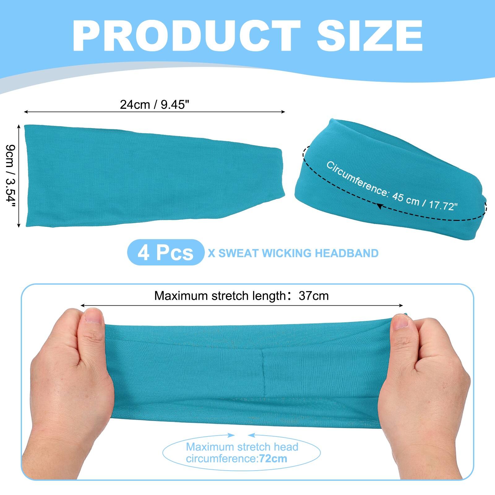 PRODUCT SIZE

24cm / 9.45"  
9cm / 3.54"  
Circumference: 45 cm / 17.72"  

4 Pcs X SWEAT WICKING HEADBAND  

Maximum stretch length: 37cm  
Maximum stretch head circumference: 72cm