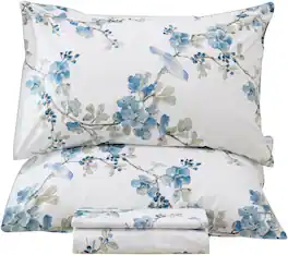 Skar Audio - Floral Queen Size Sheet Sets - Flower Bird Butterfly Print Botanical Bedding Egyptian Cotton Printed Sheets - Pattern D Queen