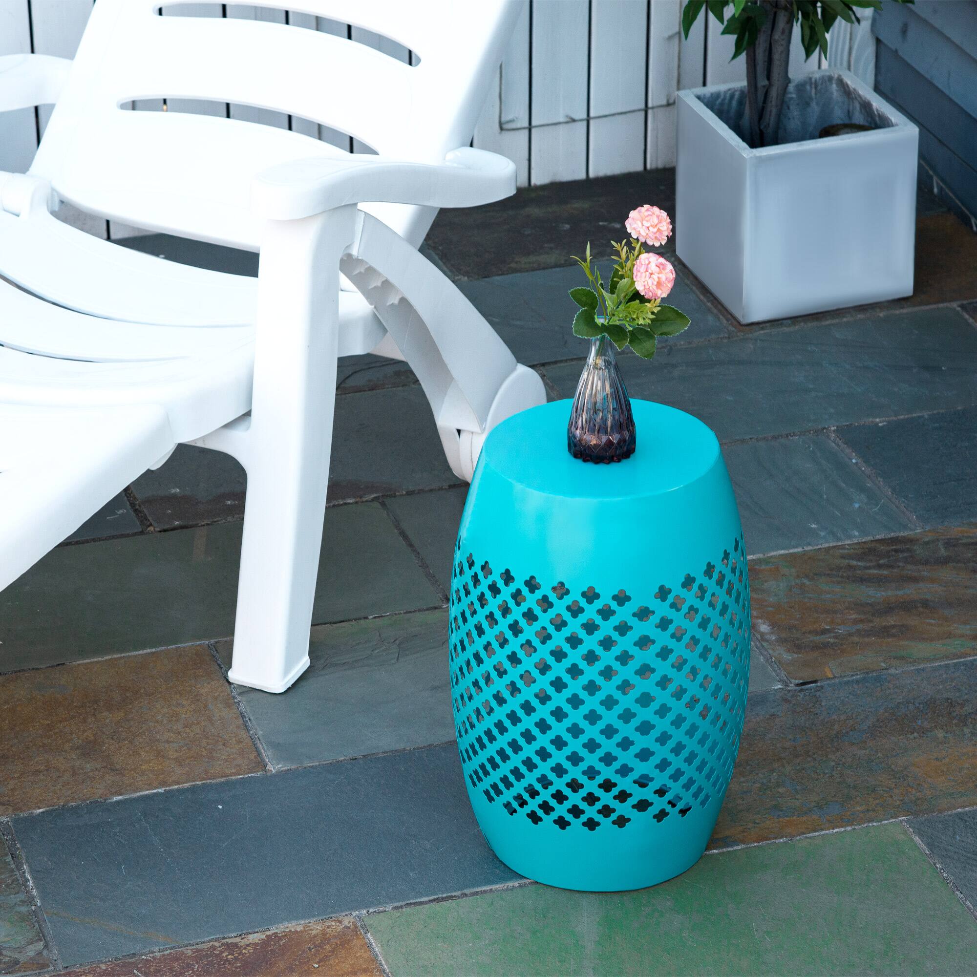 Alt View 1. Outsunny - 12.5" Steel Outdoor Side Table, Round Hollow Drum Patio End Table, Accent Table for Indoor and Outdoor - Blue.