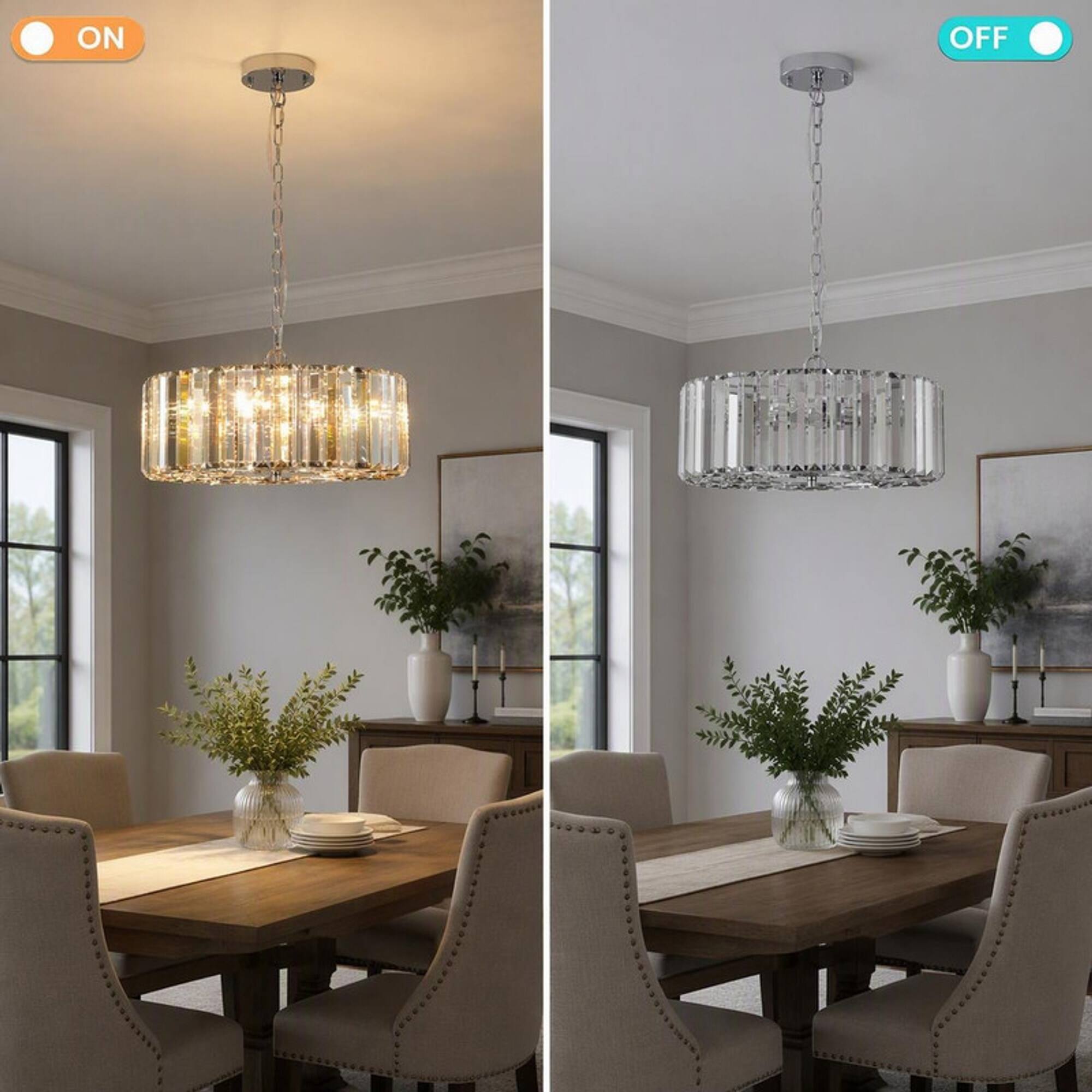 Alt View 2. RYHNUYNE - 17-Inch Chrome Crystal Pendant Light, Modern 4-Light Hanging Chandelier with Adjustable Drop for Living Room.