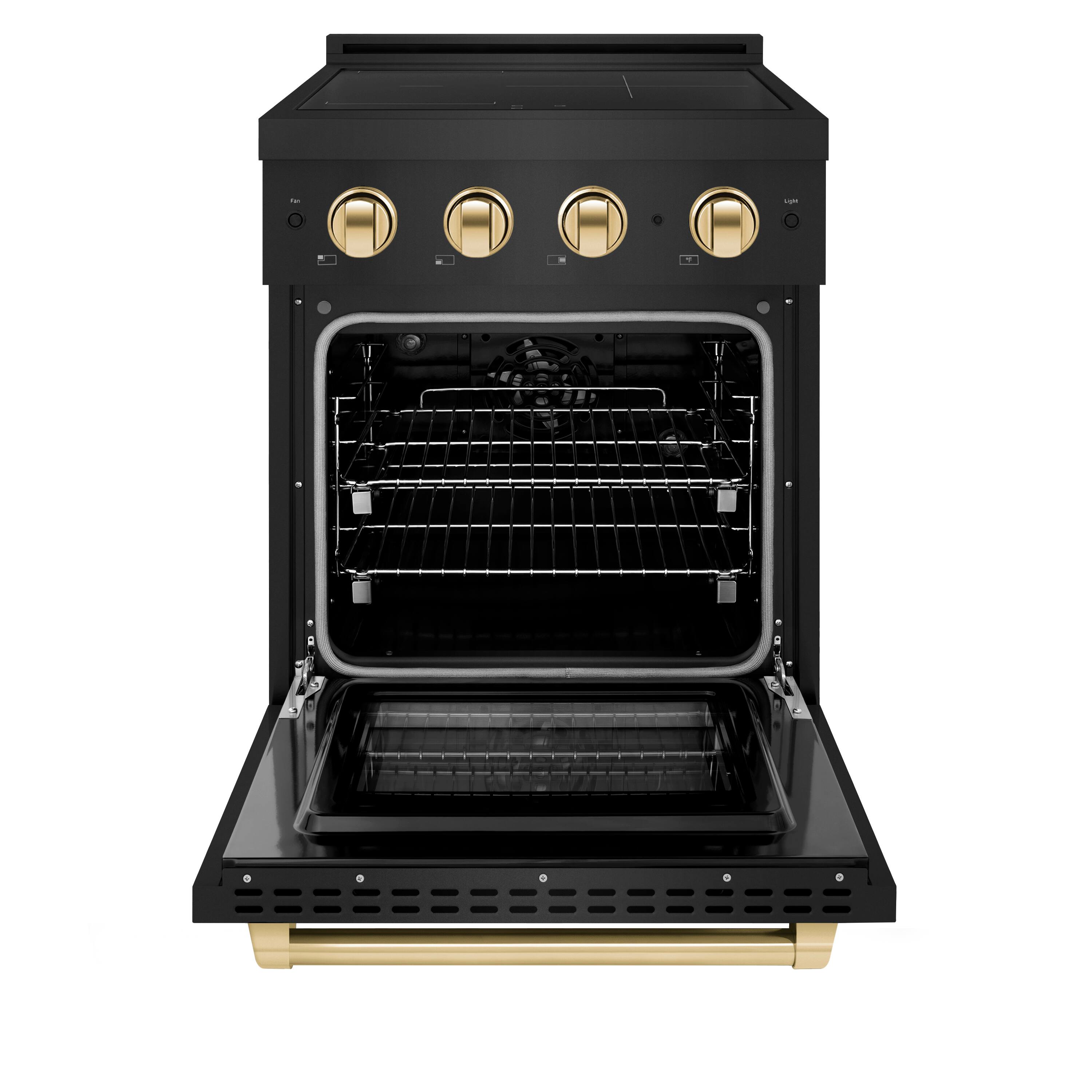 Angle. ZLINE - Autograph 24 in. 3.2 cu. ft. Paramount Freestanding Induction Range with 3 Burners in Black Steel with Gold Accents - Black Stainless Steel.