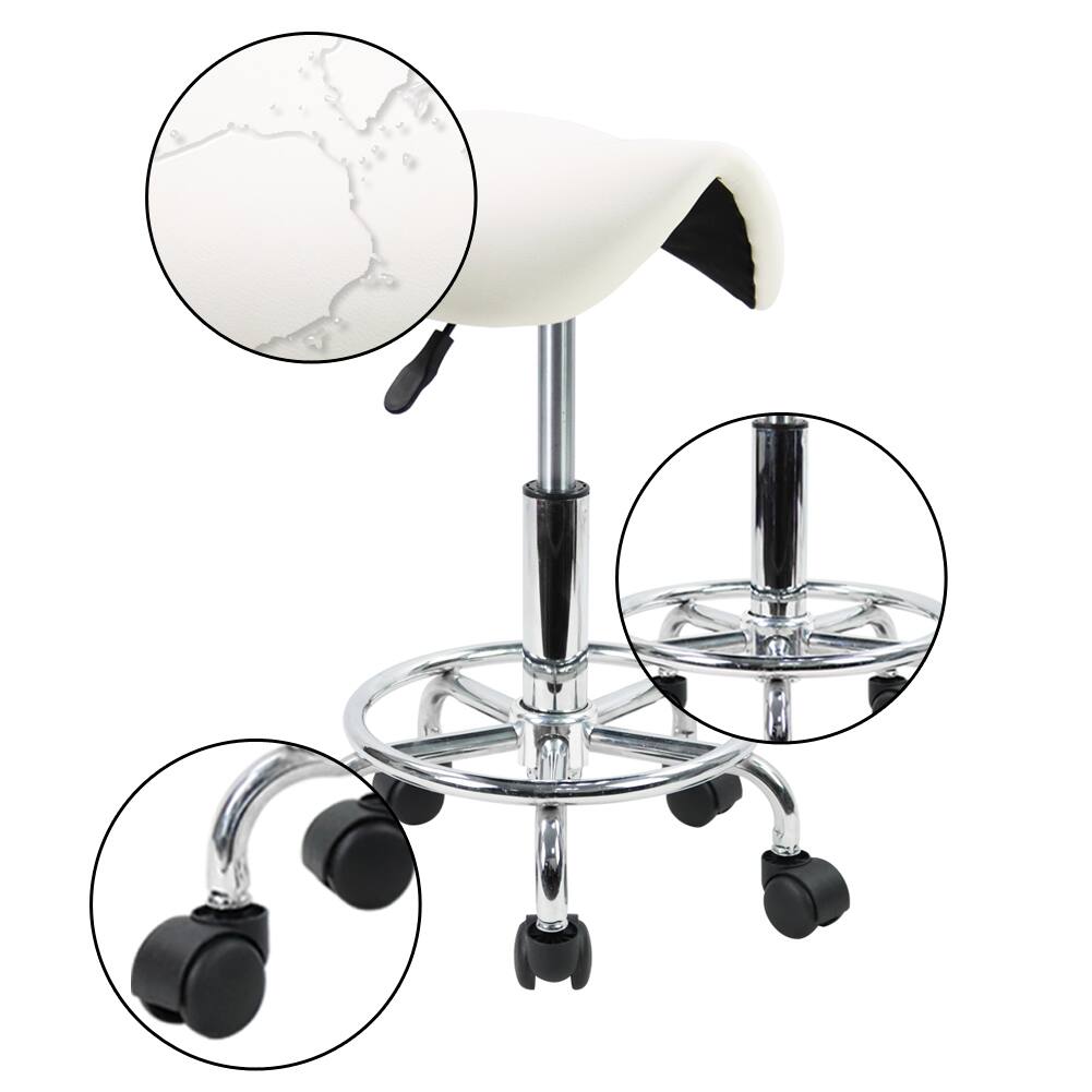 Alt View 2. KKTONER - KKTONER Saddle Stool with Foot Rest PU Leather Swivel Adjustable Rolling Stool with Wheels Facial Salon Chair (White) - White.