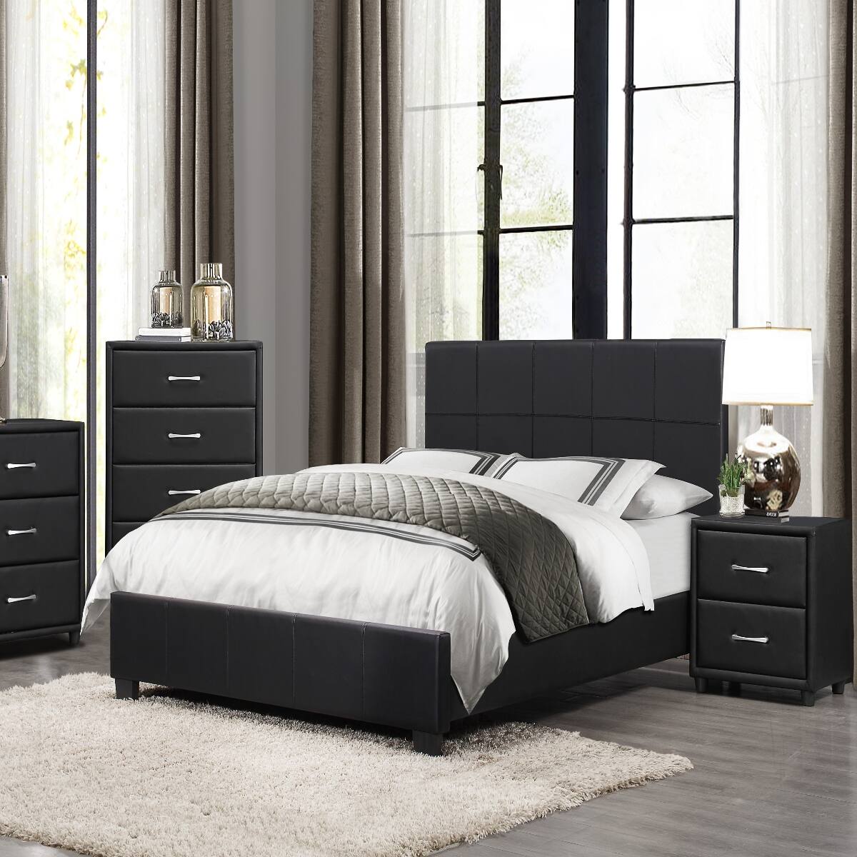 Alt View 4. Loheer - Loheer Black Faux Leather Nightstand with Two Drawers and Silver-Tone Pulls - Black.