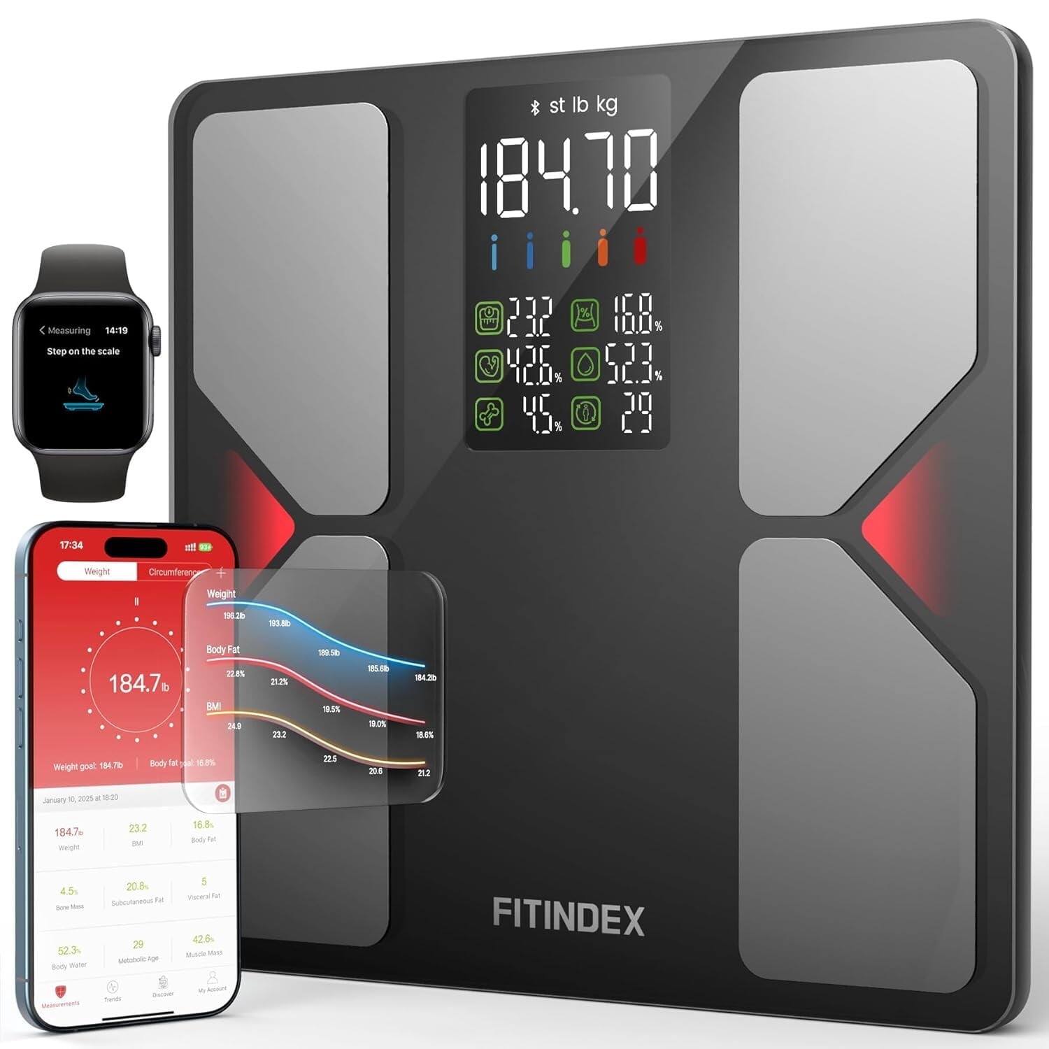 st lb kg 184.70  
Measuring  
Step on the scale  

232  
26%  
45%  
168  
523%  
29  

17:34  
Weight  
Circumference  
Weight S1  
100.88  
184.7  
Body Fat  
2  
IM  
243  
nA  
21.2  
-  
LI  
10%  
1828  
MS  
meight goat  
184.7  
Body fat  
21  
204  
212  

January  
mers  
100  
184.7  
might  
23.2  
-  
Bod  
45  
Be  
12.3  
Body V  
20.8  
Subcutaneous F  
29  
-  
A  
5  
vraa to  
426  
Muscle  
FITINDEX