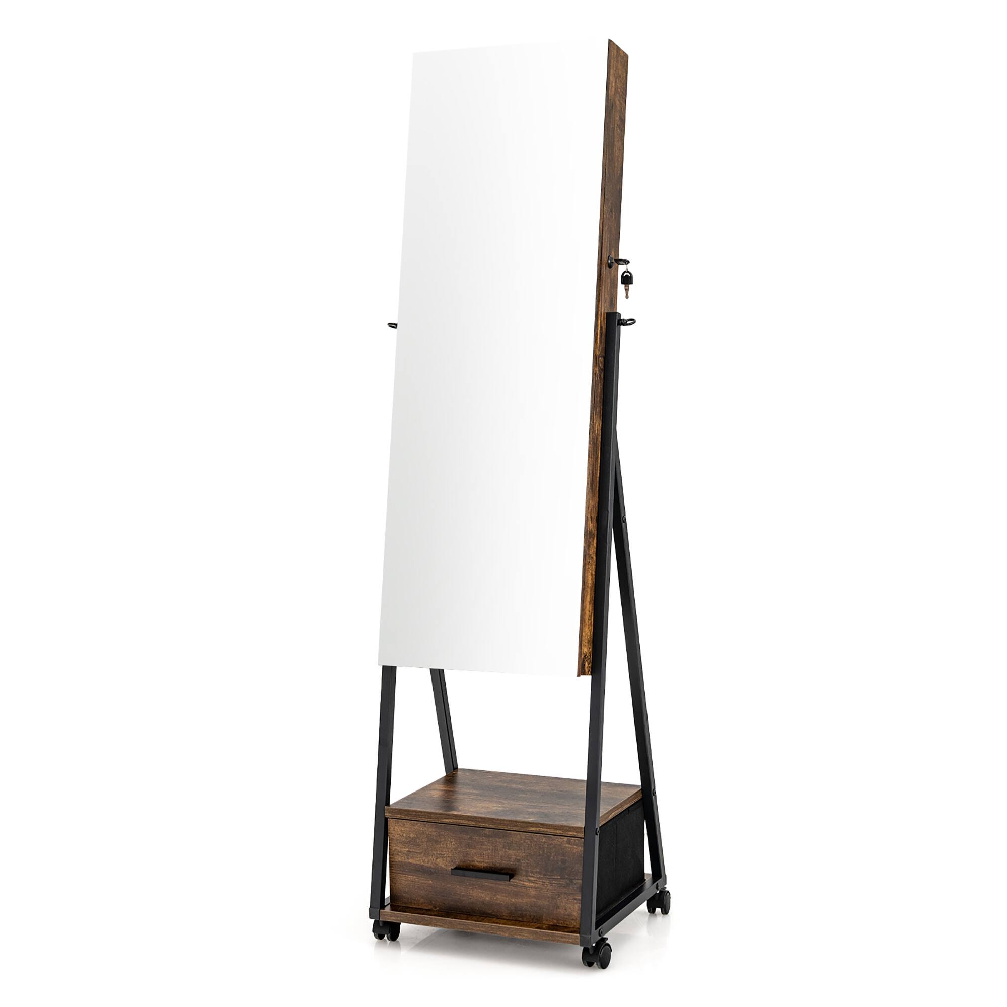 Alt View 2. Costway - Jewelry Cabinet Armoire Full Length Mirror Lockable w/ Bottom Drawer & Wheels Coffee - Coffee.