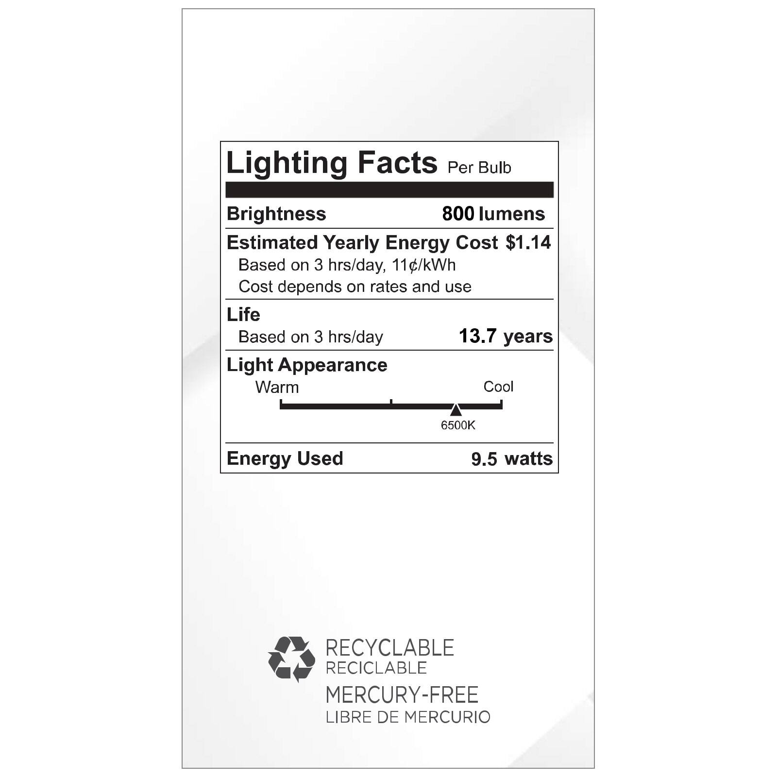 Lighting Facts Per Bulb

Brightness: 800 lumens

Estimated Yearly Energy Cost: $1.14  
Based on 3 hrs/day, 11¢/kWh  
Cost depends on rates and use

Life: 13.7 years  
Based on 3 hrs/day

Light Appearance: Warm to Cool 6500K

Energy Used: 9.5 watts

RECYCLABLE  
RECICLABLE  
MERCURY-FREE  
LIBRE DE MERCURIO