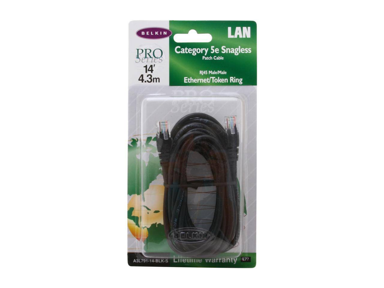 BELKIN LAN PRO Category 5e Snagless Series Patch Cable 14' RJ45 Male/Male 4.3m Ethernet/Token Ring  
A3L791-14-BLK-S  
Lifetime Warranty  
L77